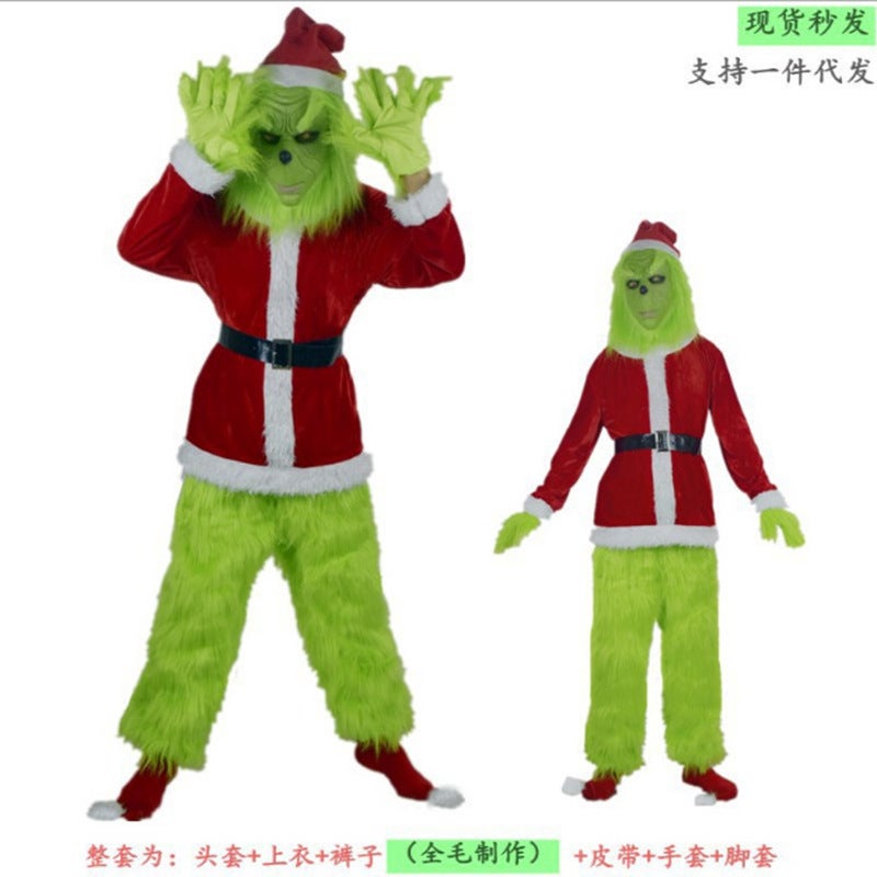 Loquat Halloween Adult Children Green Hair Monster Grinch Cosplay Santa Claus Hair Pants Suit Playing Dress - Image 4