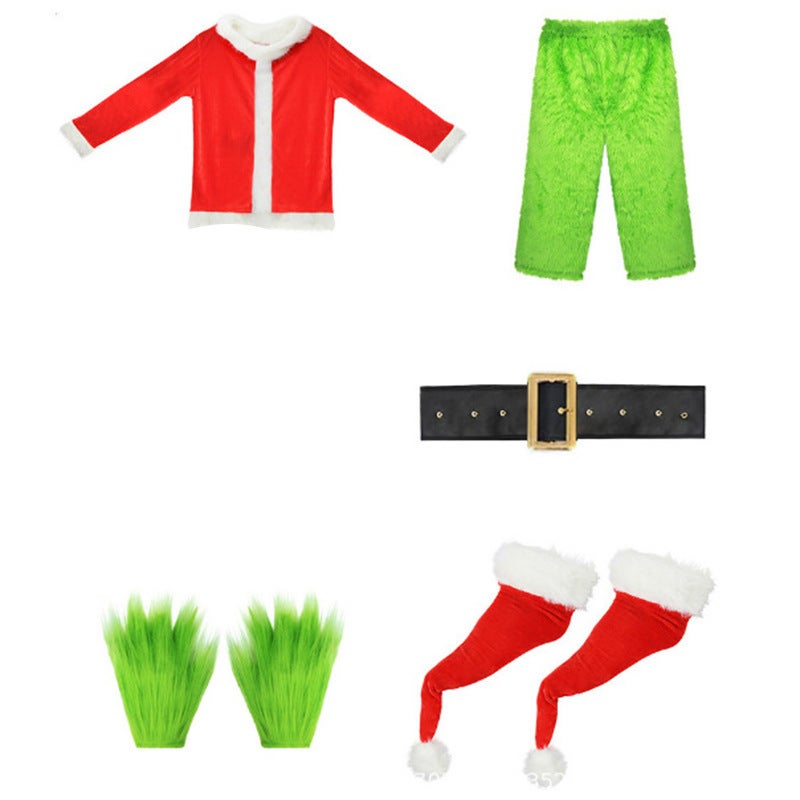 Loquat Halloween Adult Children Green Hair Monster Grinch Cosplay Santa Claus Hair Pants Suit Playing Dress - Image 1