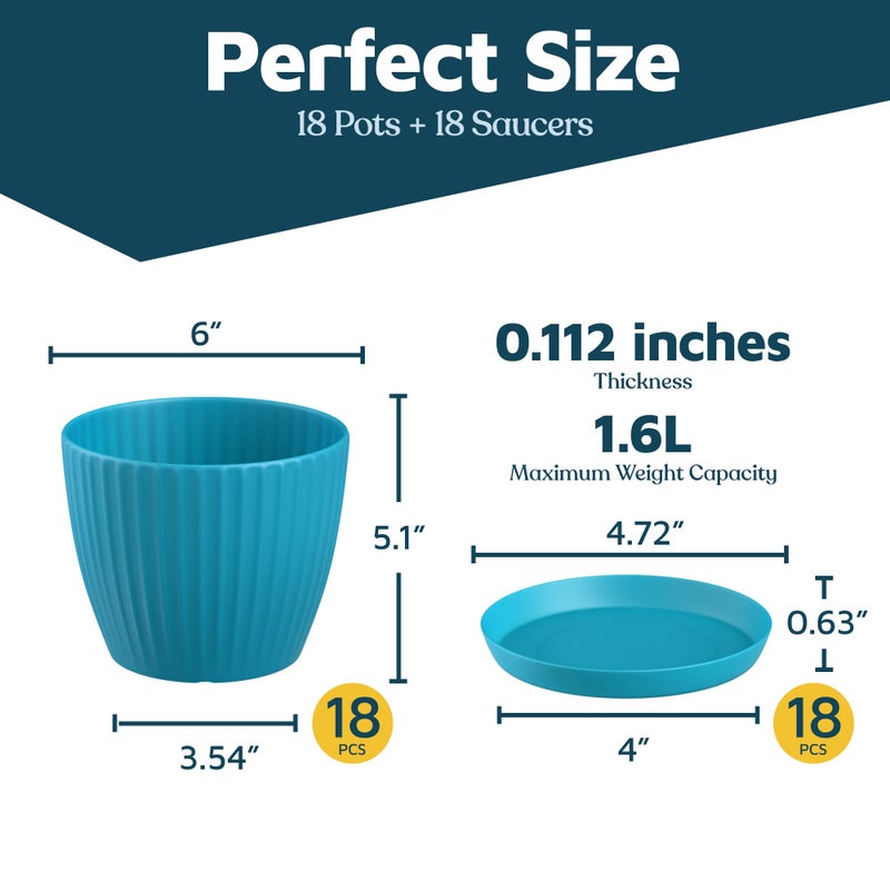 LifeMaster Blue 6-Inch Plant Pots with Drainage & Saucers 18 Pack, Indoor & Outdoor Planters for Houseplants, Herbs, and Flowers, Durable & Weatherproof Material, Stackable, Lightweight, Minimalist Design - Image 2