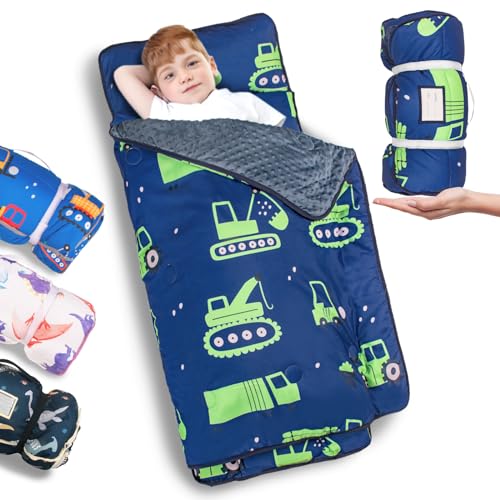 Primlect Thickened Toddler Nap Mat with Removable Pillow and Minky Blanket Extra Large 55x35 Sleeping Bag Washable Roll up Perfect for Daycare Preschool Kindergarten Boys Excavator - Image 1
