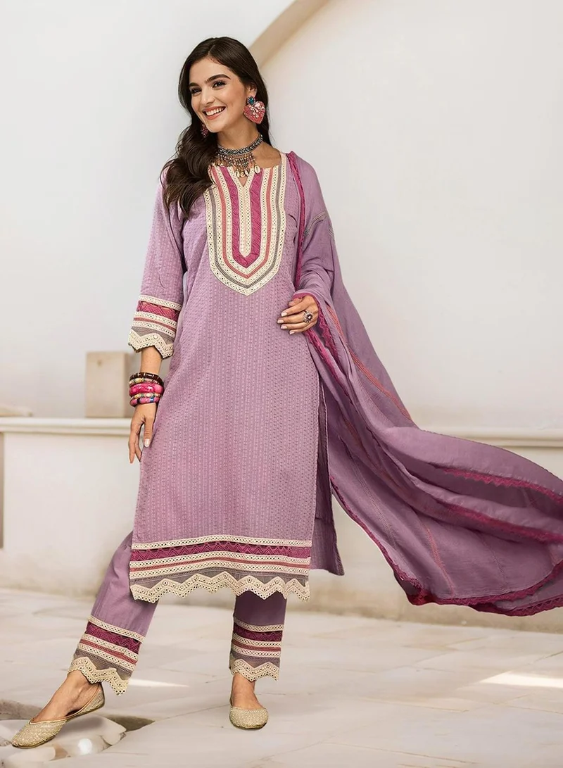 آي شين Women's Purple 100% Cotton Embellished Tunic Full Length Casual Straight Fit Kurta Set