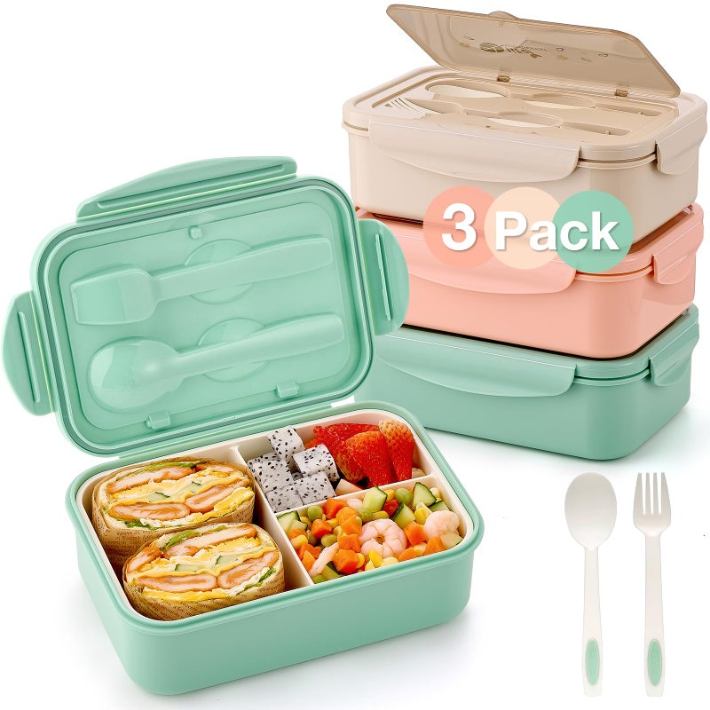 Mfacoy 3 Pack Bento Boxes for Adults/Kids, 1100 ML Bento Lunch Box With Spoon & Fork, Lunch Box Containers, Bento Box for Dining Out, Work, Picnic, BPA-Free, Microwave & Dishwasher Safe - Image 1