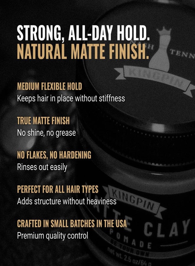 Kingpin Matte Clay Hair Wax for Men - Flexible Hold & Natural Finish - Non-Flaking, Hydrating Styling Clay for All Hair Types - 2.5oz travel size - Image 2