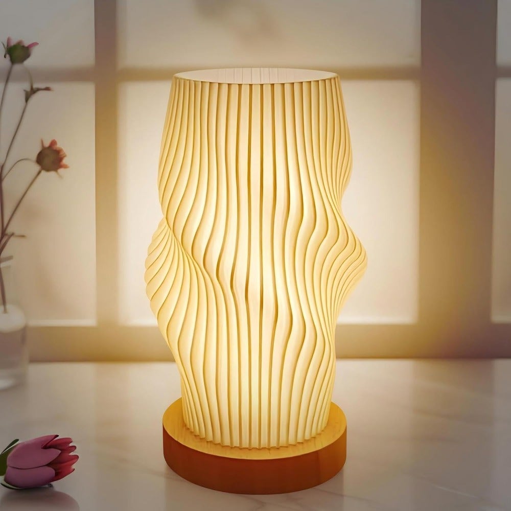 Modern Bedside Lamp, 3 Colors and 10-Level Adjustable Brightness Table Lamp with Touch Button Control, Wooden Base, Eco-Friendly 3D Printed PLA Lampshade for Bedroom and Living Room