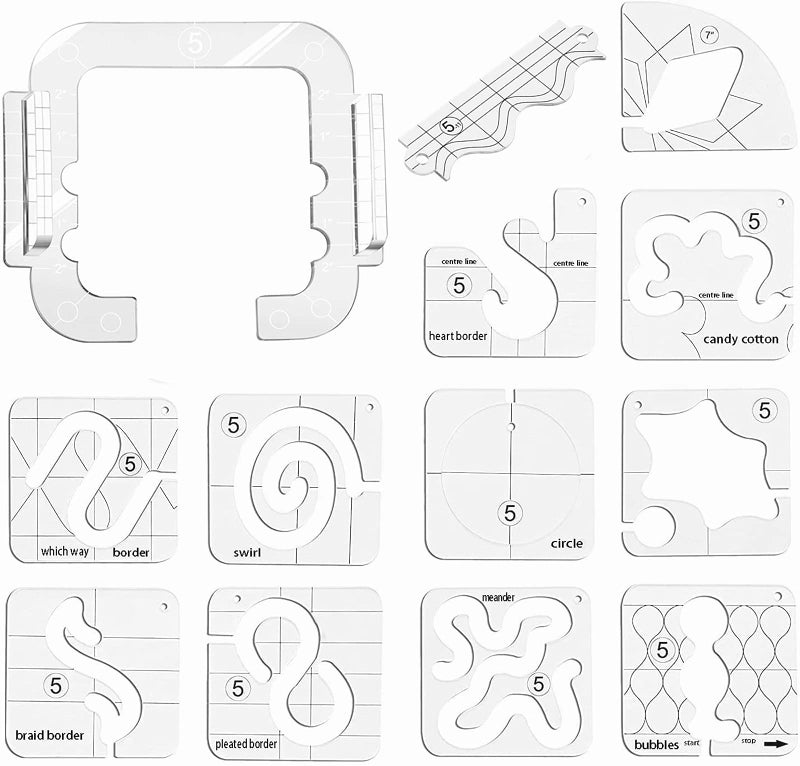 YEQIN 13 Pieces Free Motion Quilting Template with Quilting Frame -5 Series Acrylic Ruler Set - for Domestic Sewing Machine - Image 1