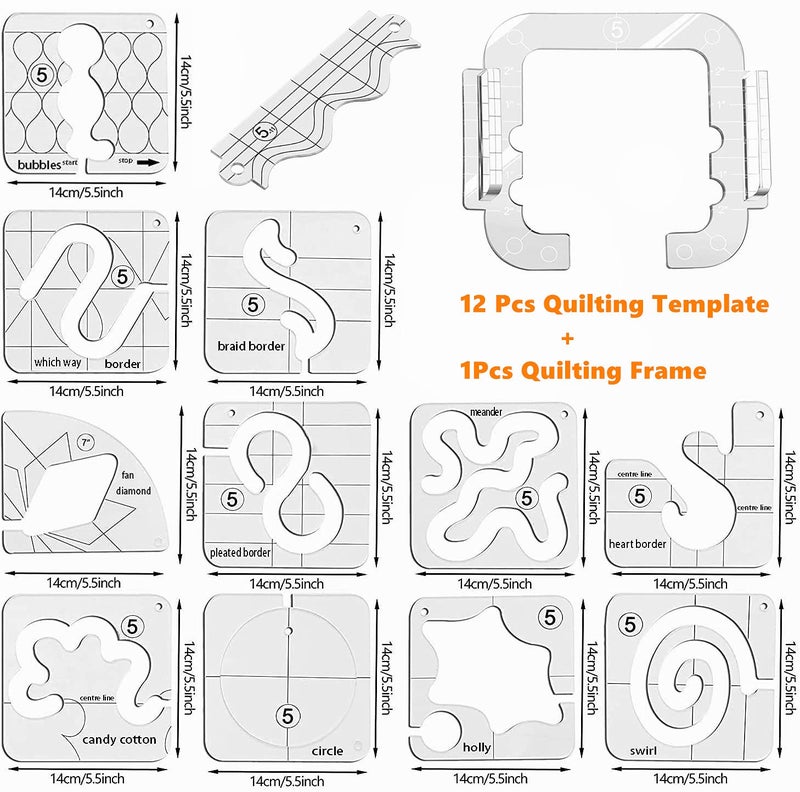 YEQIN 13 Pieces Free Motion Quilting Template with Quilting Frame -5 Series Acrylic Ruler Set - for Domestic Sewing Machine - Image 2