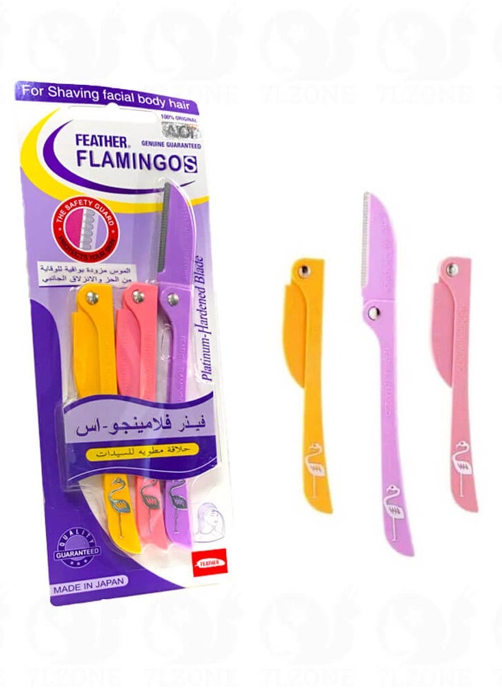 Feather 3-Piece Flamingos Ladies Razor For Facial And Body Hair Yellow/Pink/Purple 
