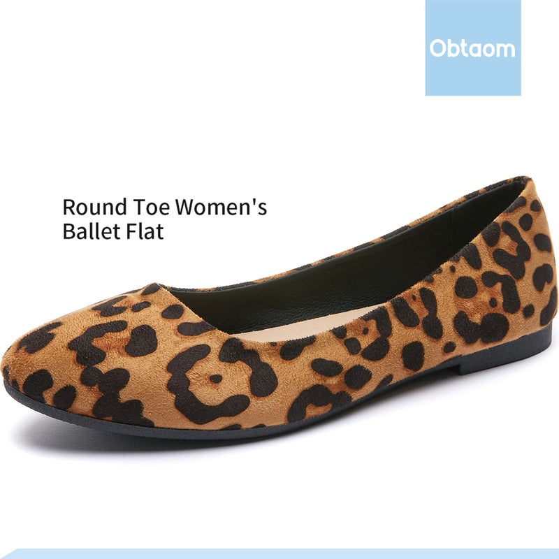 Obtaom Round Toe Women Flat Shoes Slip on Girls Dress Black Ballet Flats(Leopard US5) - Image 3