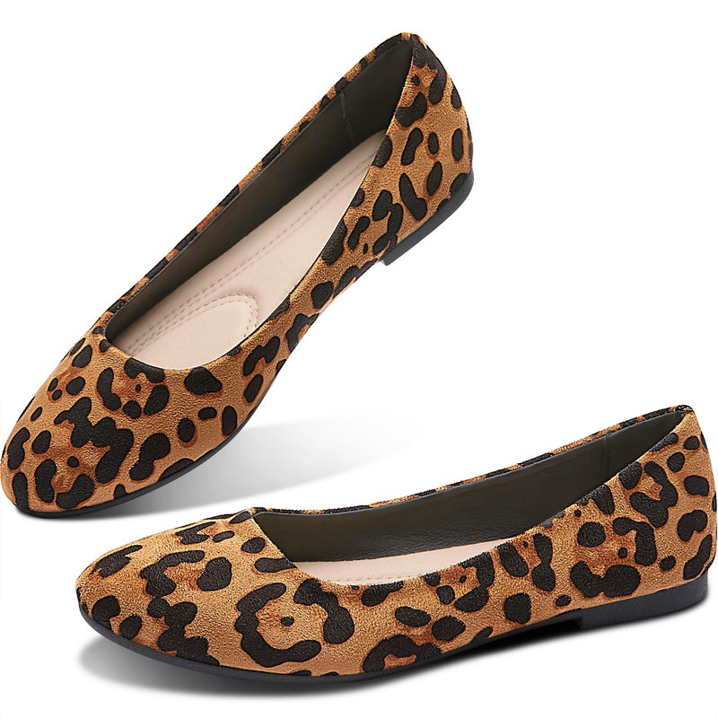 Obtaom Round Toe Women Flat Shoes Slip on Girls Dress Black Ballet Flats(Leopard US5) - Image 1