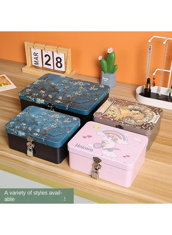 Bluejw New INS Style Printed Tinplate With Lock Storage Box Student Desktop Cosmetics Jewelry Box Certificate Storage Box - Image 3