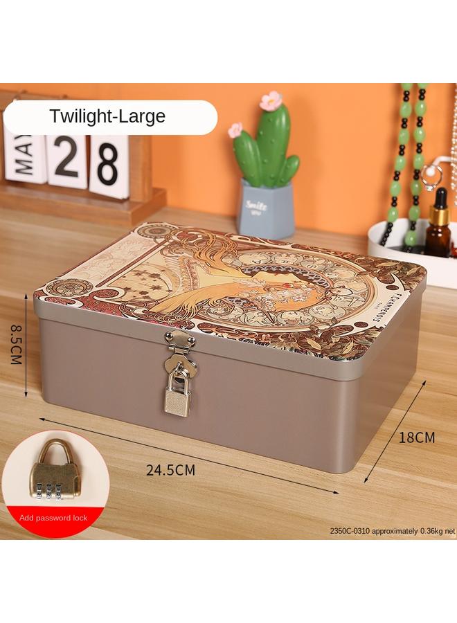 Bluejw New INS Style Printed Tinplate With Lock Storage Box Student Desktop Cosmetics Jewelry Box Certificate Storage Box - Image 1