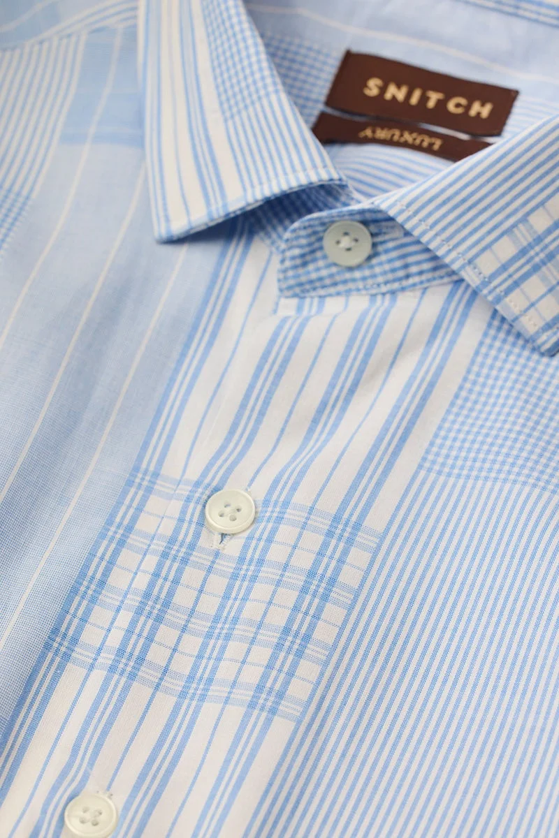 SNITCH Light Blue Checkered Long Sleeve Slim Fit Formal Shirt