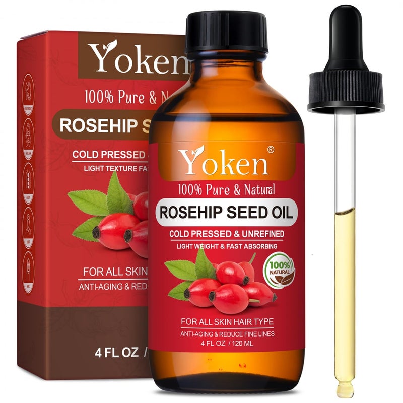 Yoken Rosehip Seed Oil for Face 4 fl oz 100 Pure & Natural Cold Pressed Unrefined Organic Rosehip Oil for Skin, Hair, Nails, Anti-Aging Facial & Gua Sha oil - Image 1