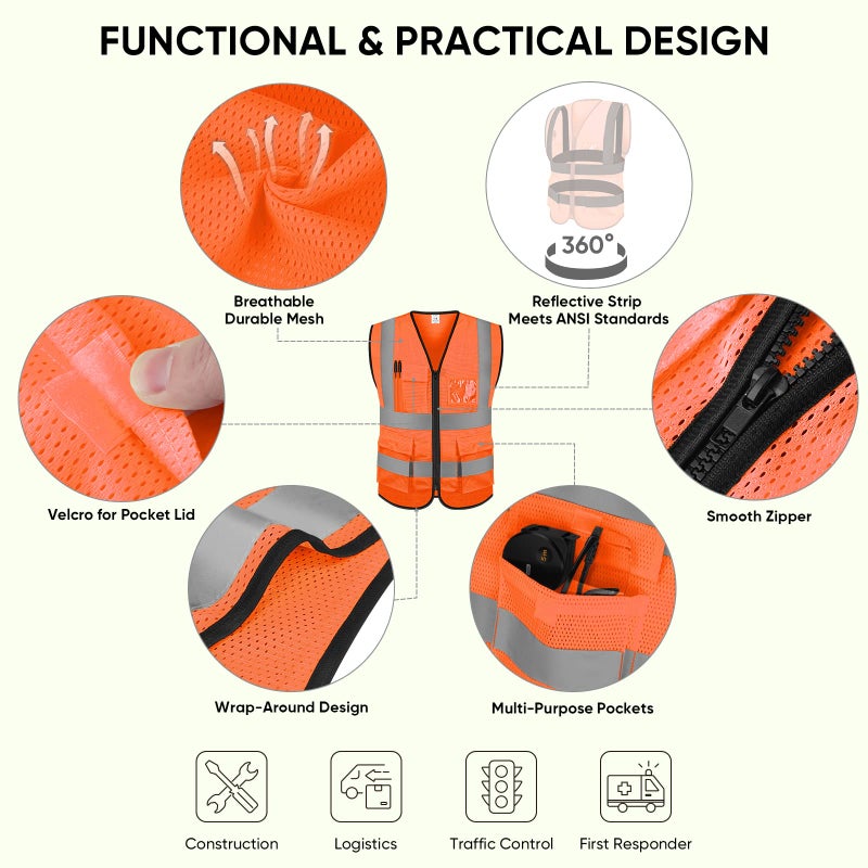 TICONN Reflective Safety Vest High Visibility Class II Mesh Vest for Women & Men Meets ANSI Standards (1PK, Orange, L) - Image 2