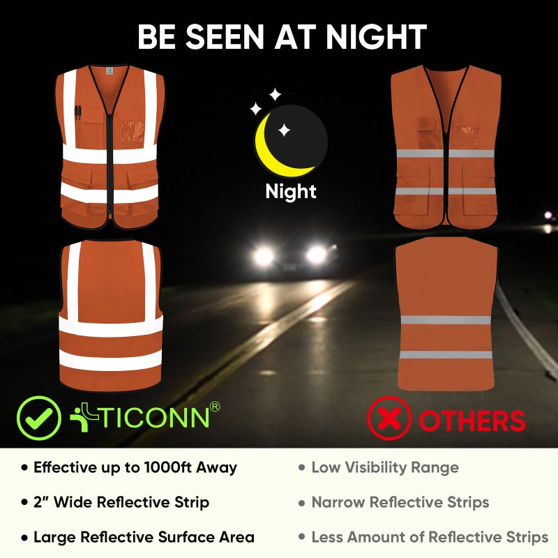 TICONN Reflective Safety Vest High Visibility Class II Mesh Vest for Women & Men Meets ANSI Standards (1PK, Orange, L) - Image 3