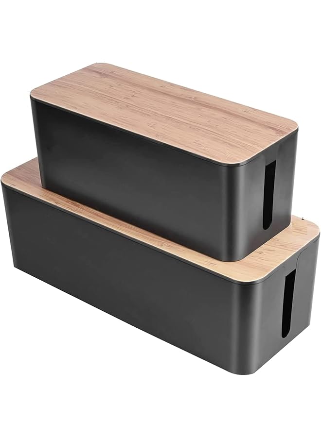S-TOP Cable Management Box Set | Combo of XL and Large Extension Cord Organizer Boxes with Slotted Lids | Elegant Black Bamboo Design | 2 pcs - Image 1