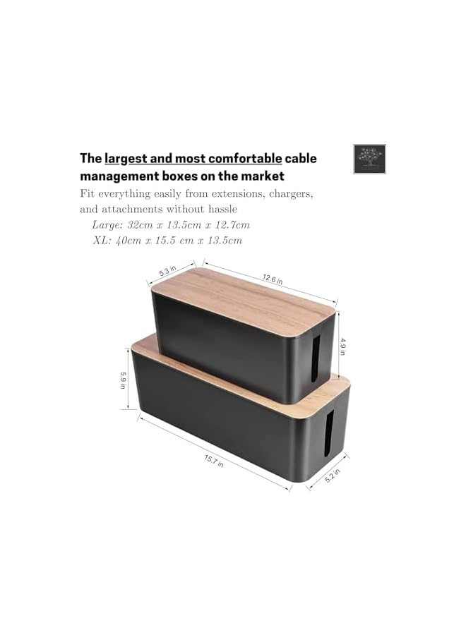 S-TOP Cable Management Box Set | Combo of XL and Large Extension Cord Organizer Boxes with Slotted Lids | Elegant Black Bamboo Design | 2 pcs - Image 2