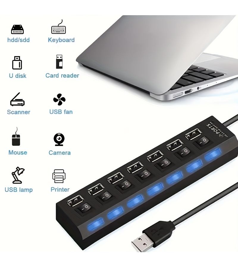 ممركز USB 2.0 بـ 7 منافذ أسود مع مؤشر LED ومفتاح تشغيل - Image 4
