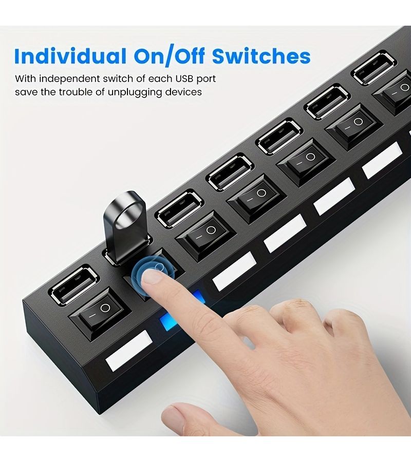 ممركز USB 2.0 بـ 7 منافذ أسود مع مؤشر LED ومفتاح تشغيل - Image 2