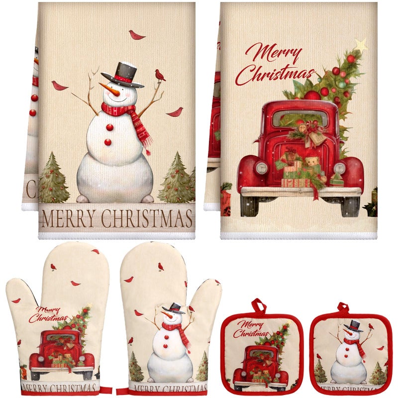 Jingmore 6 Pcs Kitchen Decor Accessory Farmhouse Kitchen Towels Pot Holders Oven Mitts Set 2 Dish Towels 2 Pot Holders 2 Cooking Mittens Oven Glove for CookingSnowman Tree TruckYellow Red - Image 2