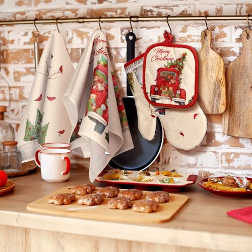 Jingmore 6 Pcs Kitchen Decor Accessory Farmhouse Kitchen Towels Pot Holders Oven Mitts Set 2 Dish Towels 2 Pot Holders 2 Cooking Mittens Oven Glove for CookingSnowman Tree TruckYellow Red - Image 3