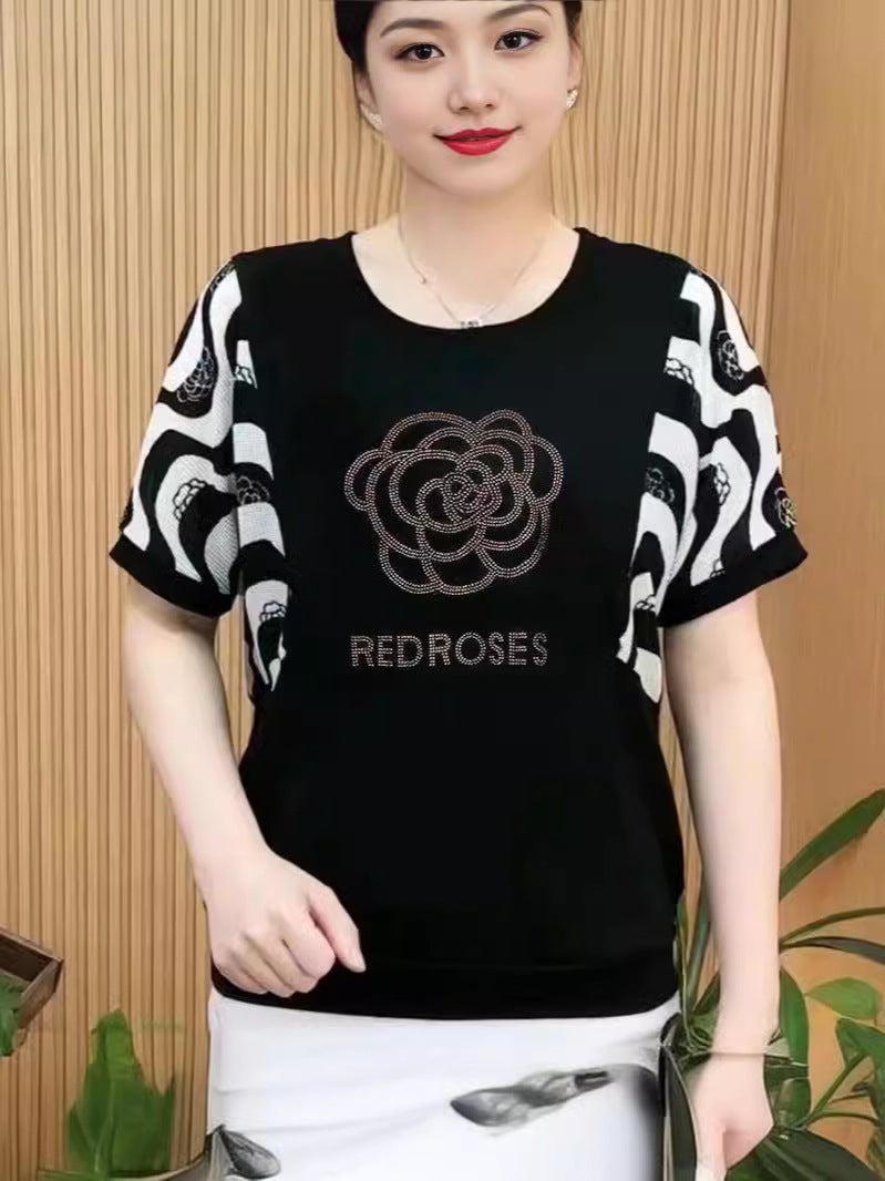 Mother'S Summer Ice Silk Short-Sleeved Top T-Shirt Fashionable Western Style Middle-Aged And Elderly Plus Size Loose Drilling Outer Small Shirt - Image 2