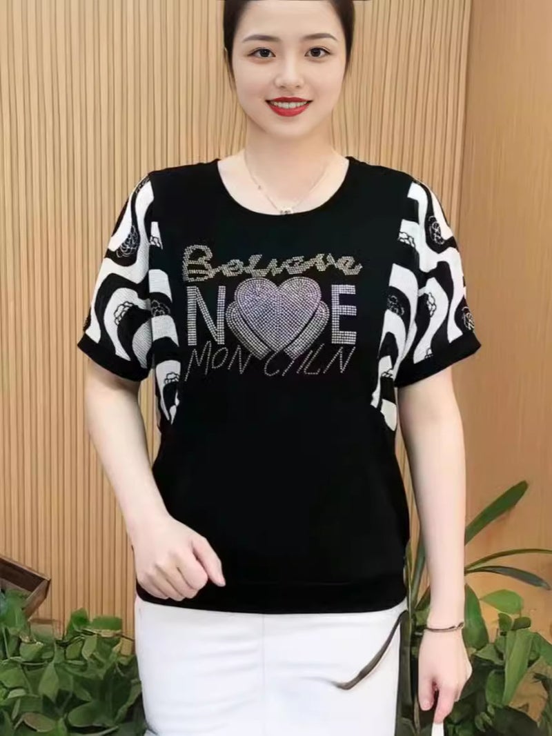 Mother'S Summer Ice Silk Short-Sleeved Top T-Shirt Fashionable Western Style Middle-Aged And Elderly Plus Size Loose Drilling Outer Small Shirt - Image 5