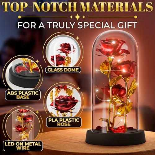 KETAR Rose in Glass Dome with LED Lights in Gift Box — Gifts for Mom, Grandma, Wife, Girlfriend, Birthday Gifts for Women, Lighted Glass Rose — Romantic Forever Flowers, Battery Powered Home Decor (Red) - Image 4