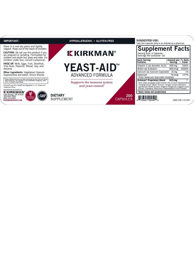 Kirkman - Yeast Aid Advanced Formula - 200 Capsules - Supports Yeast Control - Immune System Support - Hypoallergenic - Image 3