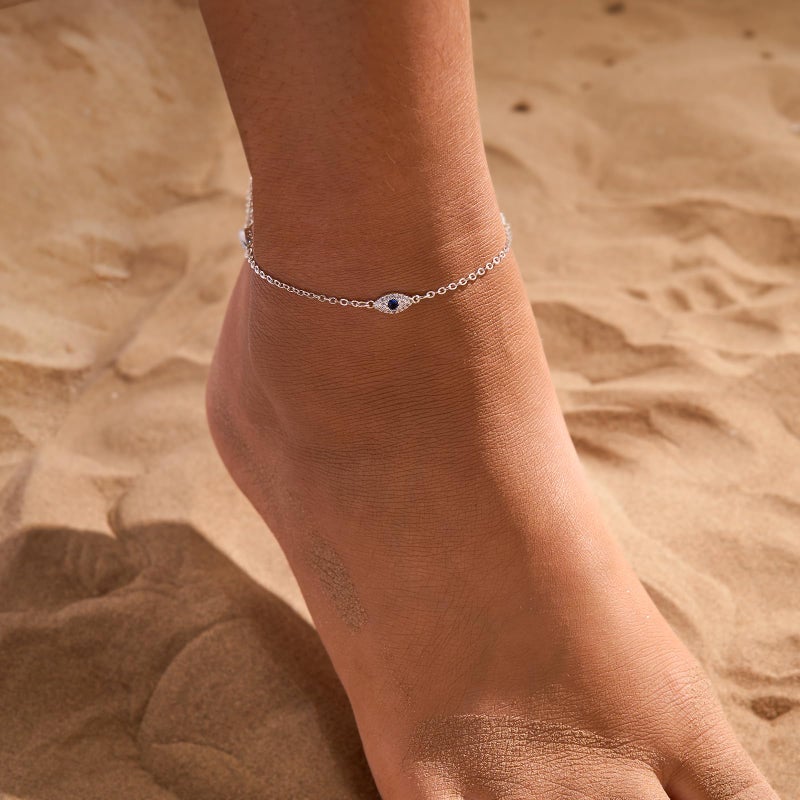 Rotnso Anklets for Women Silver Plated Evil Eye Ankle Bracelets Trendy Waterproof Boho Chain Link Anklets Set Dainty Cute Diamond Beaded Non Tarnish Summer Beach Jewelry Gift - Image 4