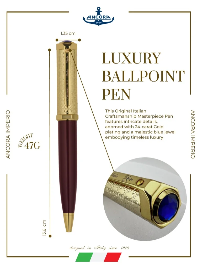 Ancora 1919 Imperio Limited 888 Edition Refillable Ballpoint Pen - 24K Gold Trim - Engraved Luxury Pen - Leather Box - Gift for Men & Women - Blue Ink
