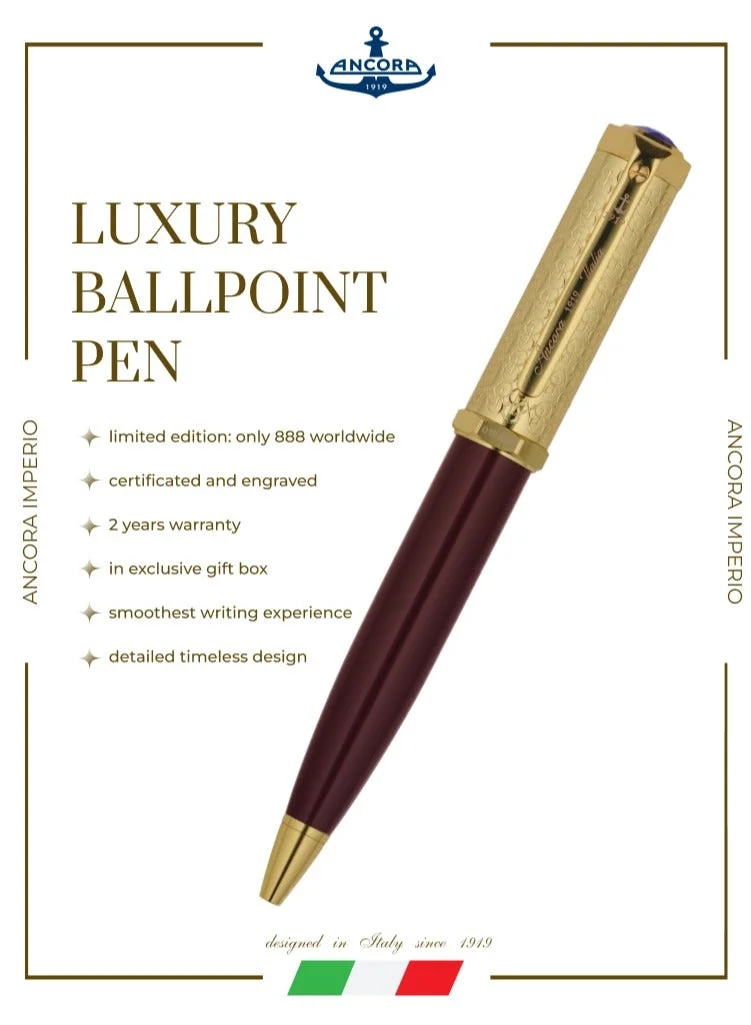 Ancora Ancora 1919 Imperio 888 Limited Edition Ballpoint Pen | 24K Gold Trim | Engraved | Leather Gift Box | Blue Ink