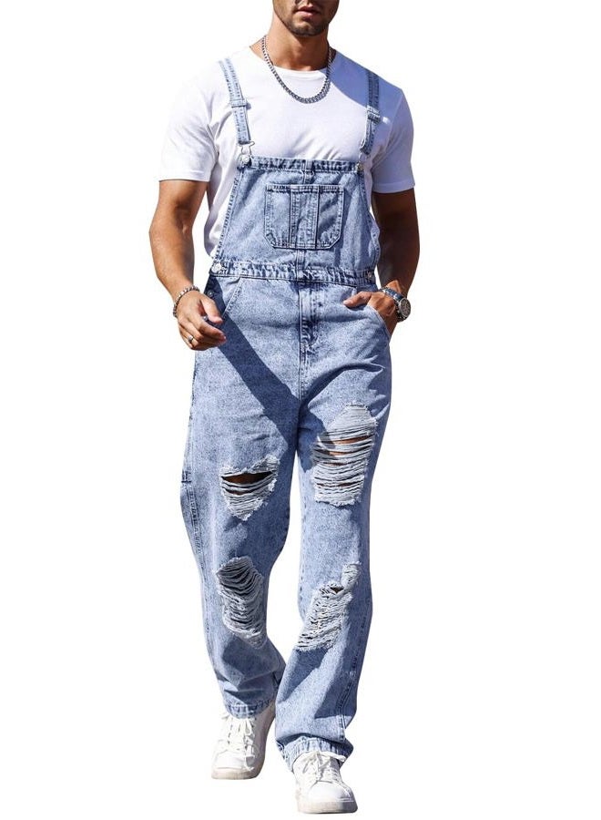 Runcati Men's Denim Bib Overall Ripped Distressed Jean Casual Fashion Workwear Adjustable Strap Hip Hop Jumpsuit, Sky Blue, L - Image 1