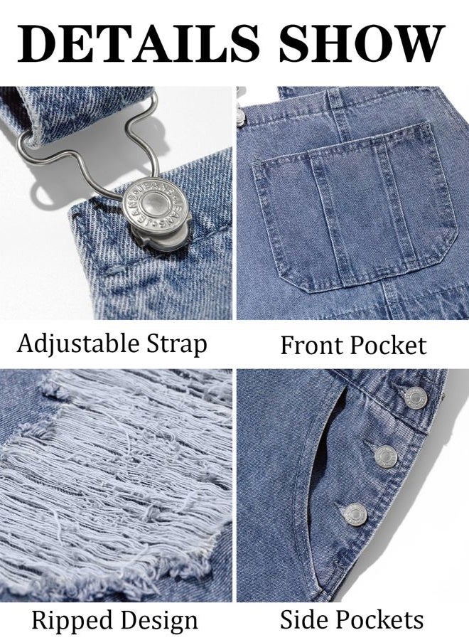 Runcati Men's Denim Bib Overall Ripped Distressed Jean Casual Fashion Workwear Adjustable Strap Hip Hop Jumpsuit, Sky Blue, L - Image 5