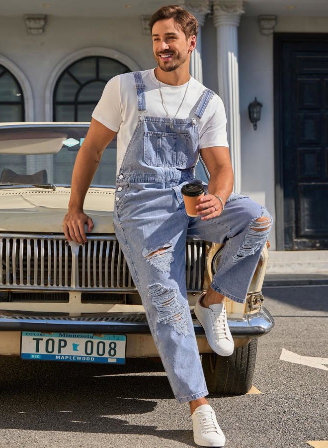 Runcati Men's Denim Bib Overall Ripped Distressed Jean Casual Fashion Workwear Adjustable Strap Hip Hop Jumpsuit, Sky Blue, L - Image 3
