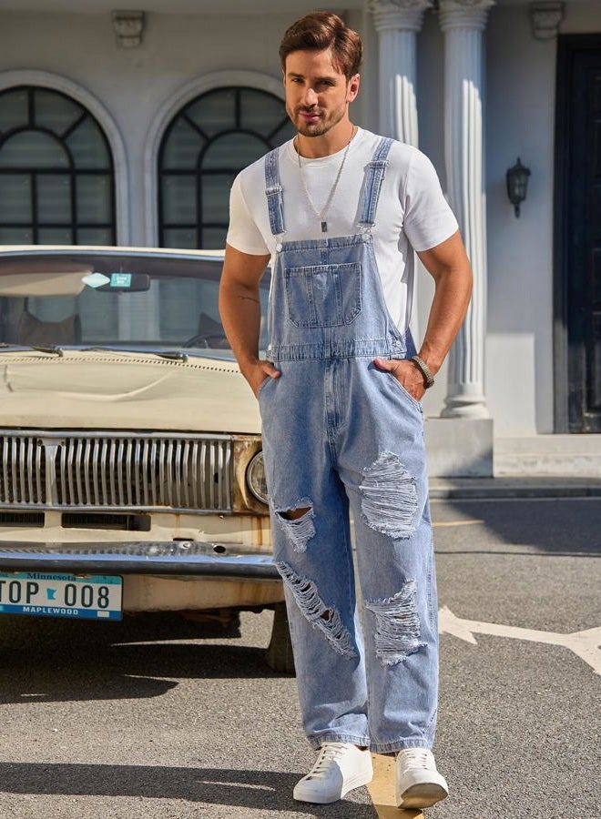 Runcati Men's Denim Bib Overall Ripped Distressed Jean Casual Fashion Workwear Adjustable Strap Hip Hop Jumpsuit, Sky Blue, L - Image 2
