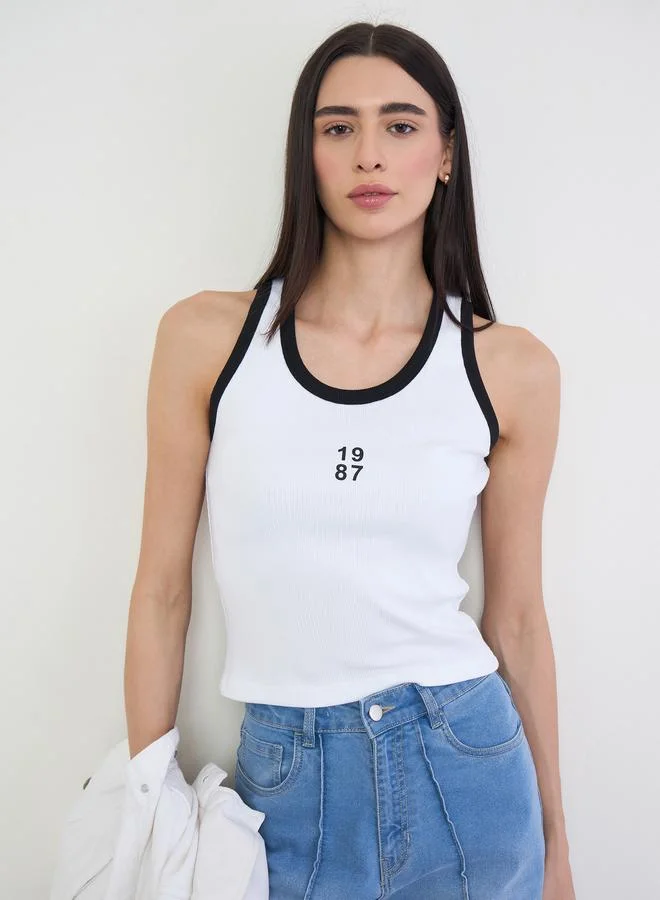 Styli White Ribbed Contrast Trim Tank