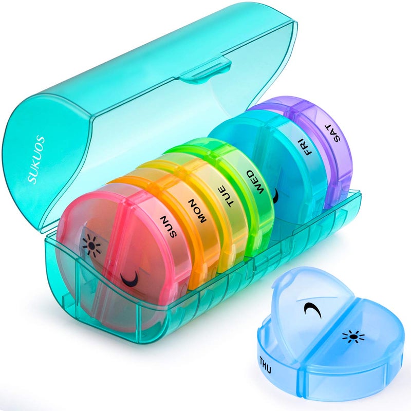 Sukuos Large Weekly Pill Organizer 2 Times a Day Daily Pill Box 7 Day Easy to Open with Double Protection AM PM Pill Case for MedicineVitaminFish OilSupplements Cyan