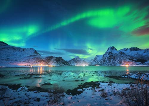 BELECO 7x5ft Fabric Aurora Borealis Backdrop Arctic SnowCapped Mountains Lake Scenery Northern Lights Norway Winter Landscape Polar Lights Background Wallpaper Home Decor Photo Booth Studio Props - Image 1