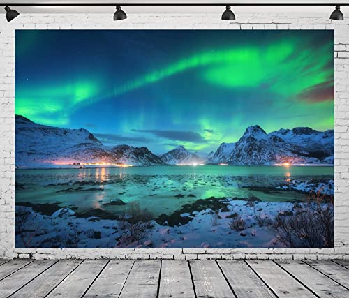 BELECO 7x5ft Fabric Aurora Borealis Backdrop Arctic SnowCapped Mountains Lake Scenery Northern Lights Norway Winter Landscape Polar Lights Background Wallpaper Home Decor Photo Booth Studio Props - Image 3