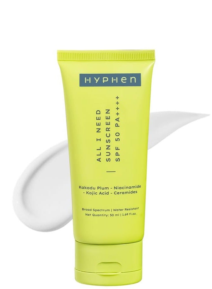 HYPHEN All I Need Sunscreen SPF 50 PA ++++ | Lightweight Sun Cream That Moisturizes & Leaves No White Cast | UVA & UVB Sun Protection & Blue Light Protection | Niacinamide, Ceramide Mineral Sunscreen SPF 50 for | Rich in Anti-Oxidants - 50ml - Image 1