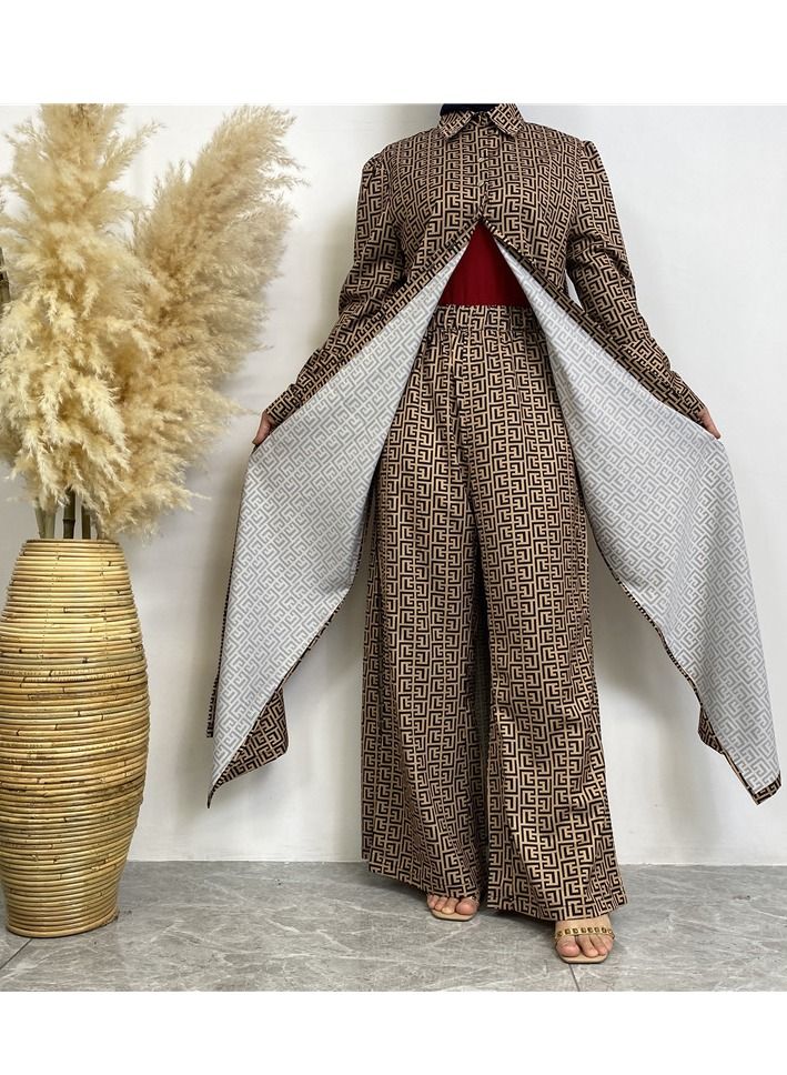 Loquat 2-Piece Fashion Printed Satin Button Long Cardigan Pocket Pants Set Brown  - Image 1