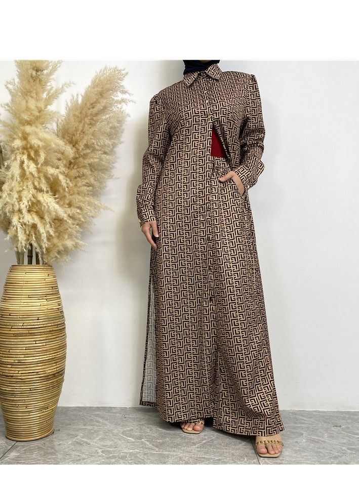 Loquat 2-Piece Fashion Printed Satin Button Long Cardigan Pocket Pants Set Brown  - Image 2