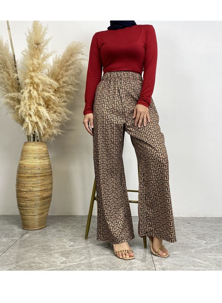 Loquat 2-Piece Fashion Printed Satin Button Long Cardigan Pocket Pants Set Brown  - Image 4