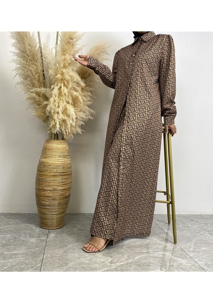 Loquat 2-Piece Fashion Printed Satin Button Long Cardigan Pocket Pants Set Brown  - Image 3