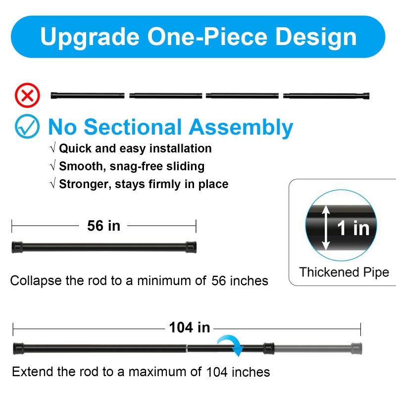 Ginbel Direct No Sectional Assembly Shower Curtain Rod 56-104 Inch, 1" Diameter Spring Long Adjustable Tension Curtain Rods for Bathroom Windows Closet No Drilling No Rust, Black - Image 4