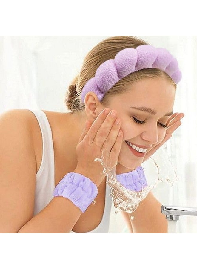 Ayesha Spa Headband And Wristband Set For Skincare Washing Facemakeup Headband Wrist Cuffs For Preppy Skincare Get Ready Headband For Women Girl (Purple Set) - Image 4