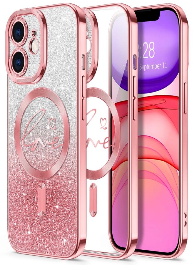 Hython for iPhone 11 Case Glitter, Compatible with MagSafe Love Heart Magnetic Clear Phone Cases for Women Girls, Full Camera Protection Sparkle Plating Shockproof Protective Cover, Pink - Image 1