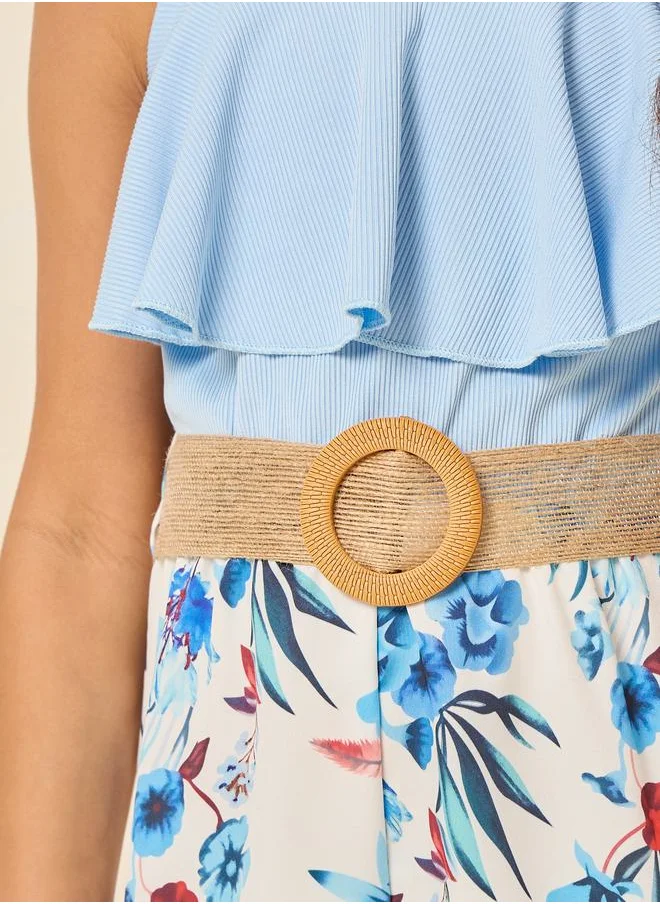 Styli Ruffle Trim Belted Cami Romper
