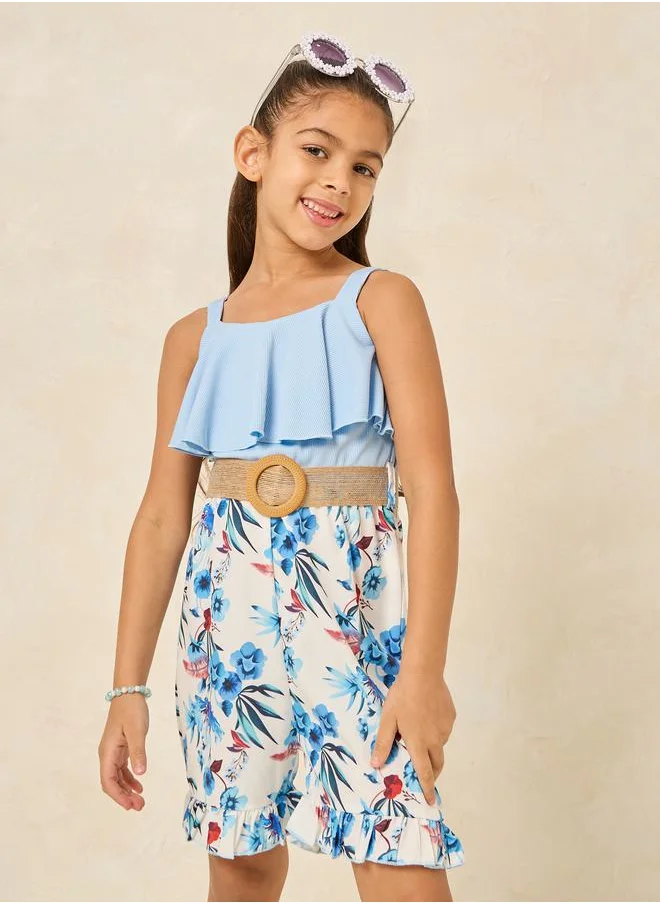 Styli Ruffle Trim Belted Cami Romper